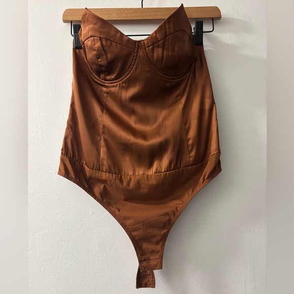 Le Lis Tops - Le Lis Bustier Brown Satin Bodysuit
